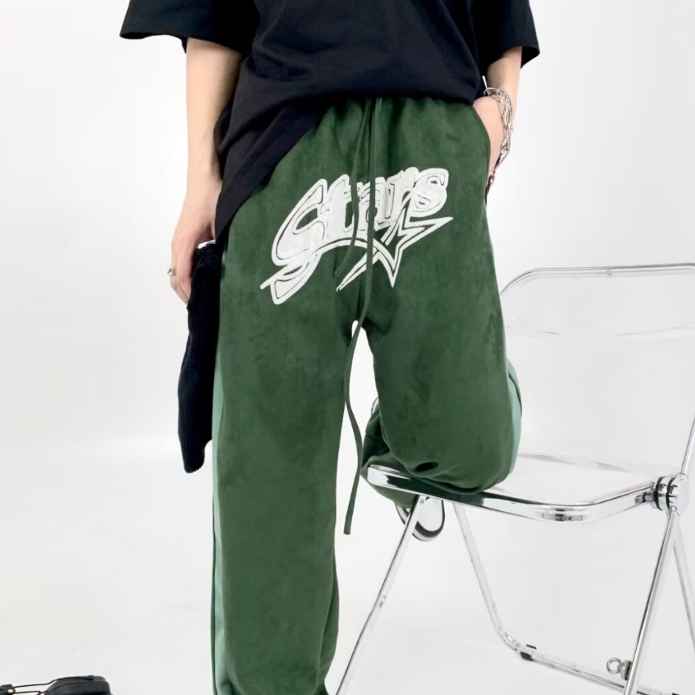 Retro Suede Letter Patch Sweatpants