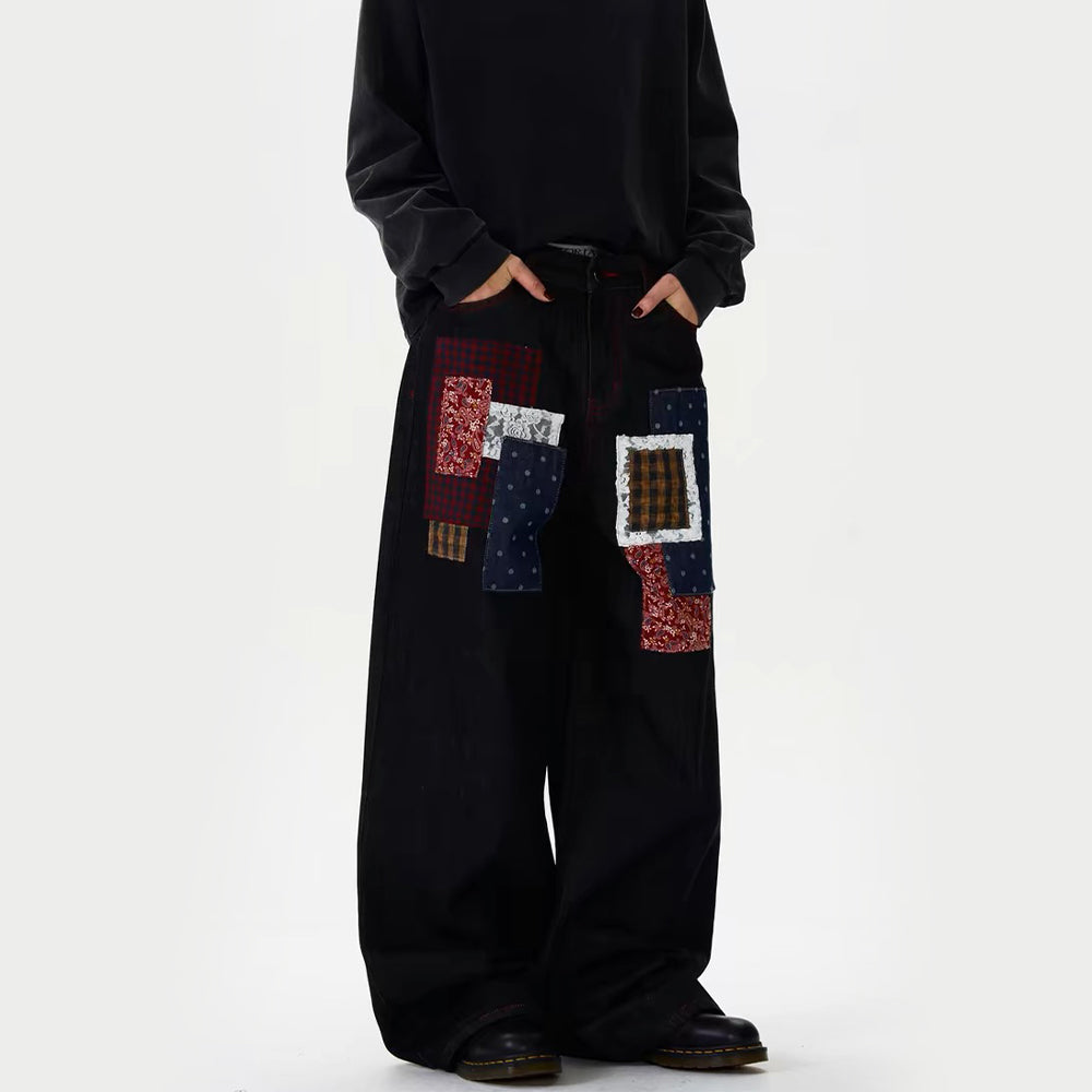 Plaid Patchwork Design Retro Jeans