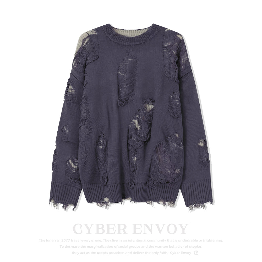 Cyber Envoy | Street Solid Color Ripped Sweater