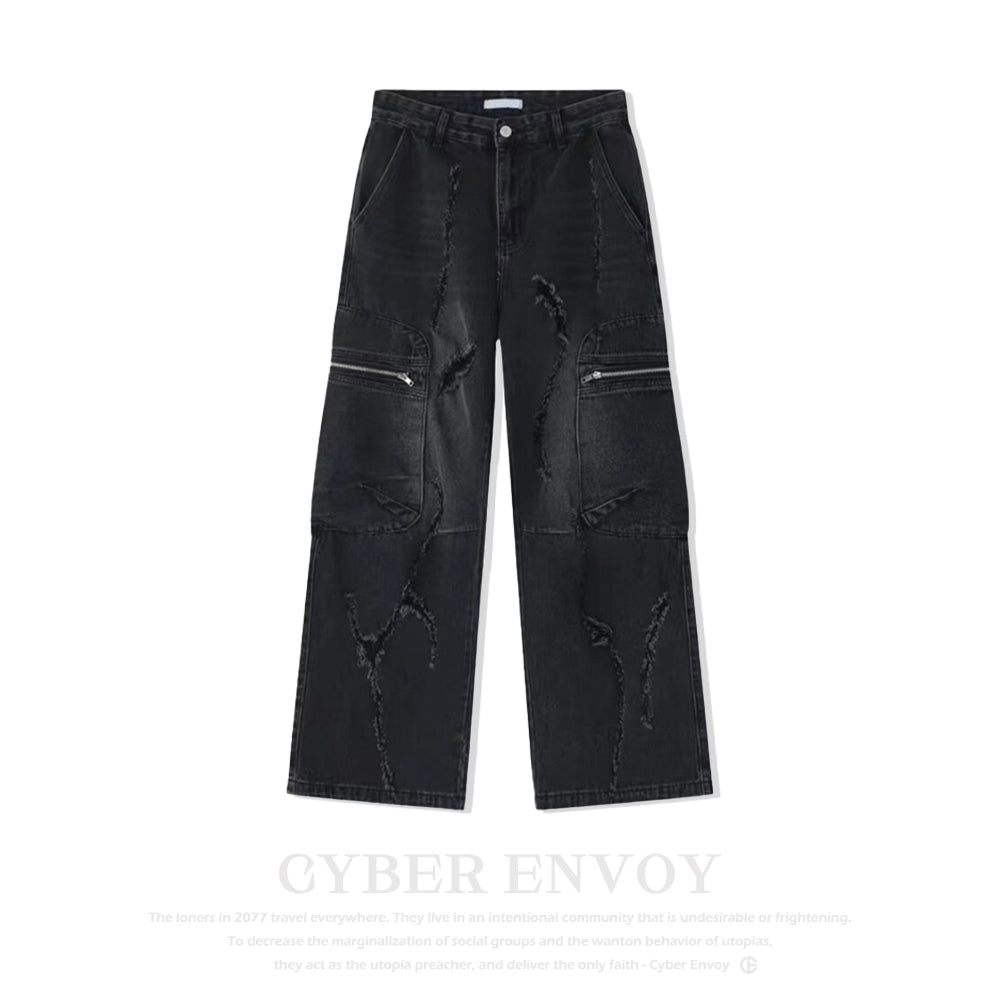 CE | Irregular Hole Solid Color Jeans