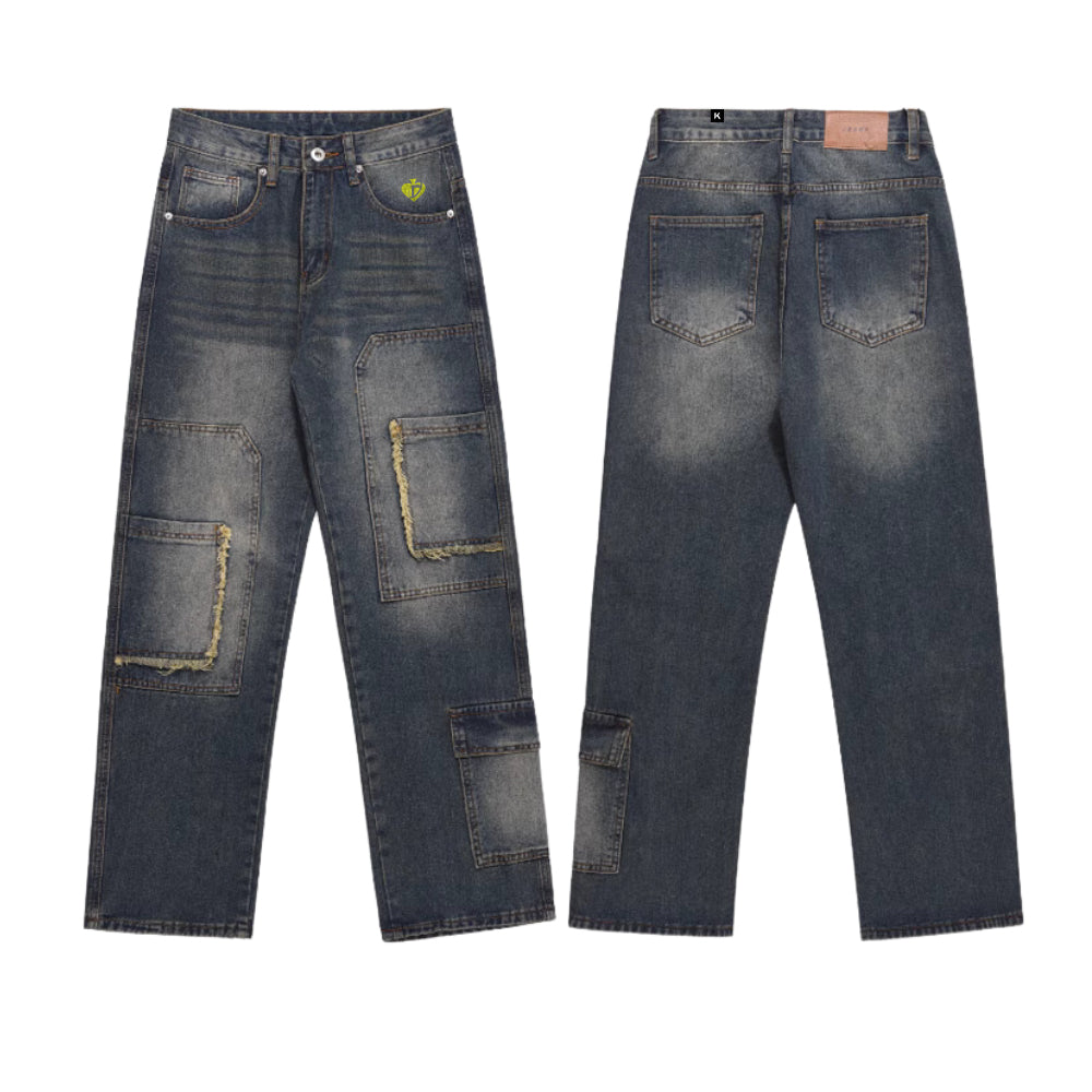 DF Washed Raw Edge Pockets Straight Jeans