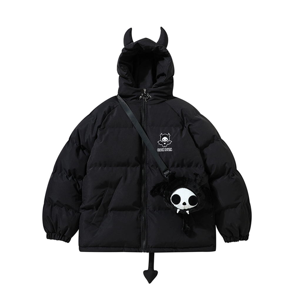 Cute Devil Embroidery Free Satchel Bag Puffer Coat