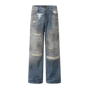DF Street Retro Blue Distressed Holes Jeans