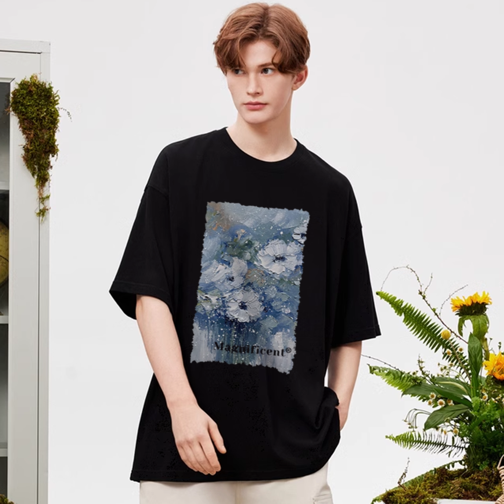 Blue Oil Paint Flowers T-Shirt