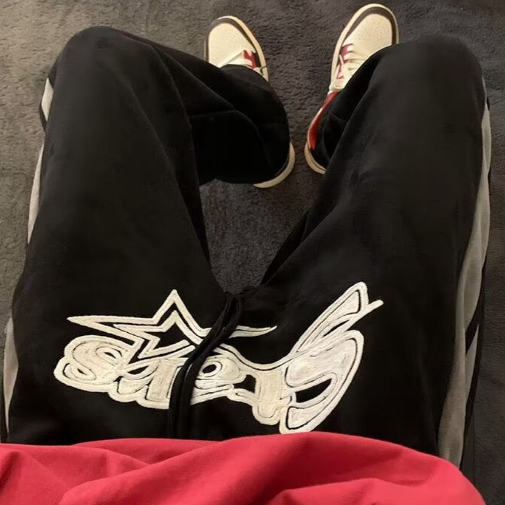 Retro Suede Letter Patch Sweatpants