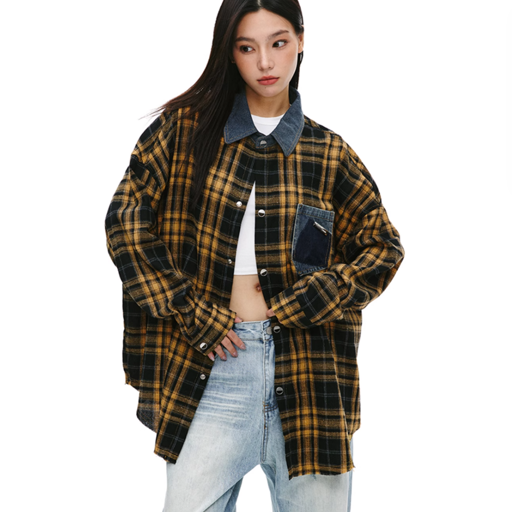 Denim Collar Pocket Plaid Shirt