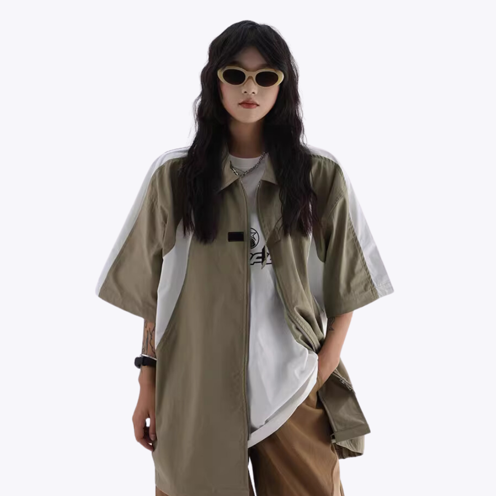 Street Color Block Zip Work Shirt