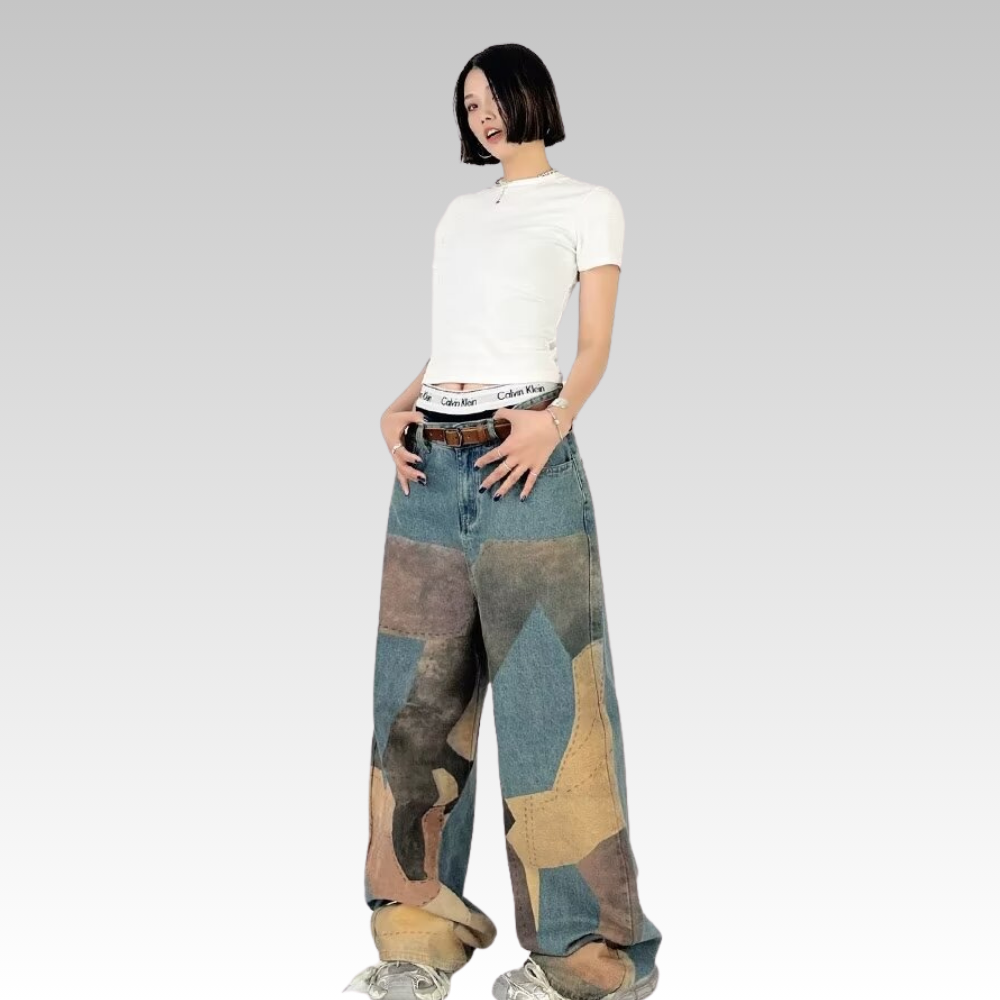 DF |Digital Print Contrast Color Stitching Jeans