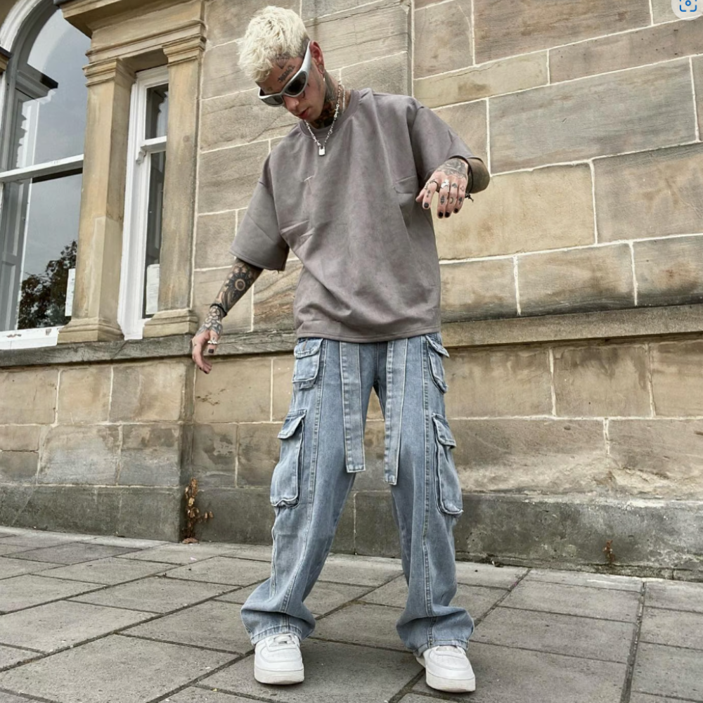 Street Multi Pocket Solid Cargo Jeans