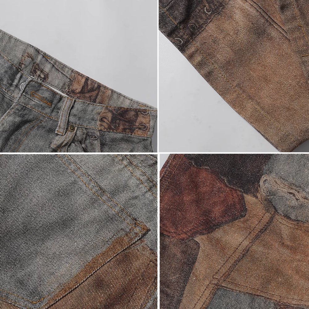 DF |Digital Print Distressed Braided Rope Jeans