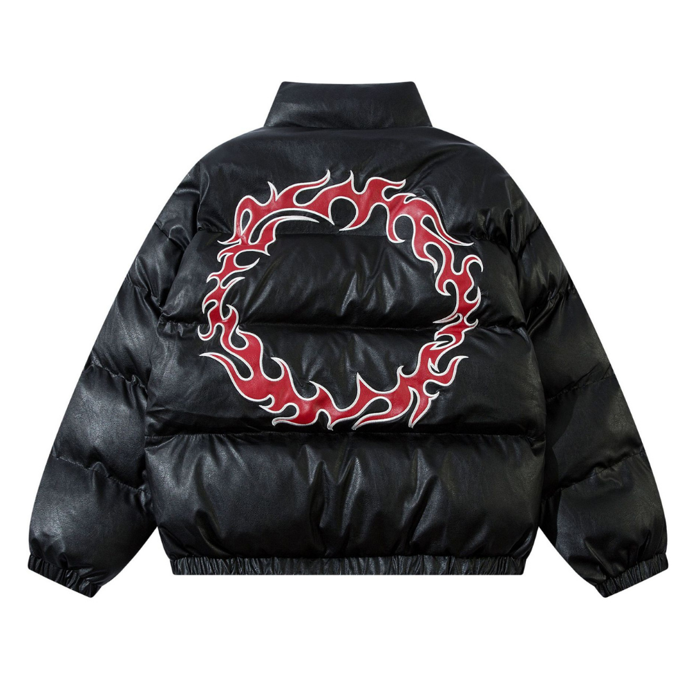 Circle Flame Embroidery PU Leather Coat