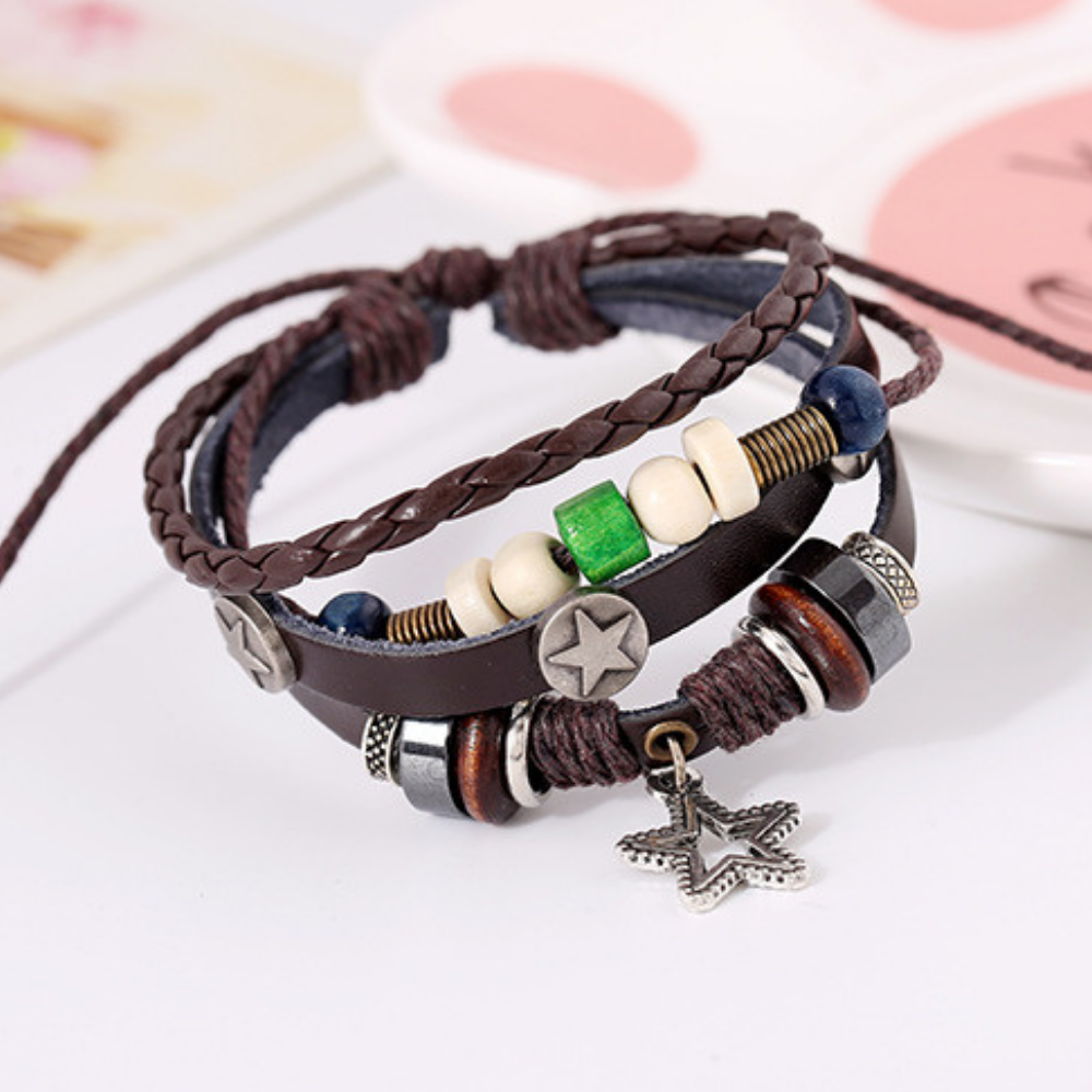 Star Beaded Alloy Leather Bracelet