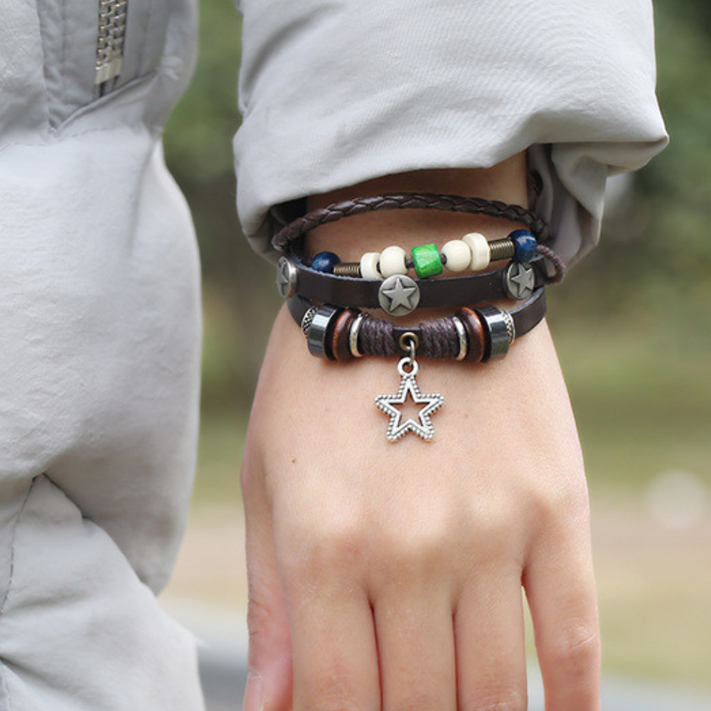 Star Beaded Alloy Leather Bracelet