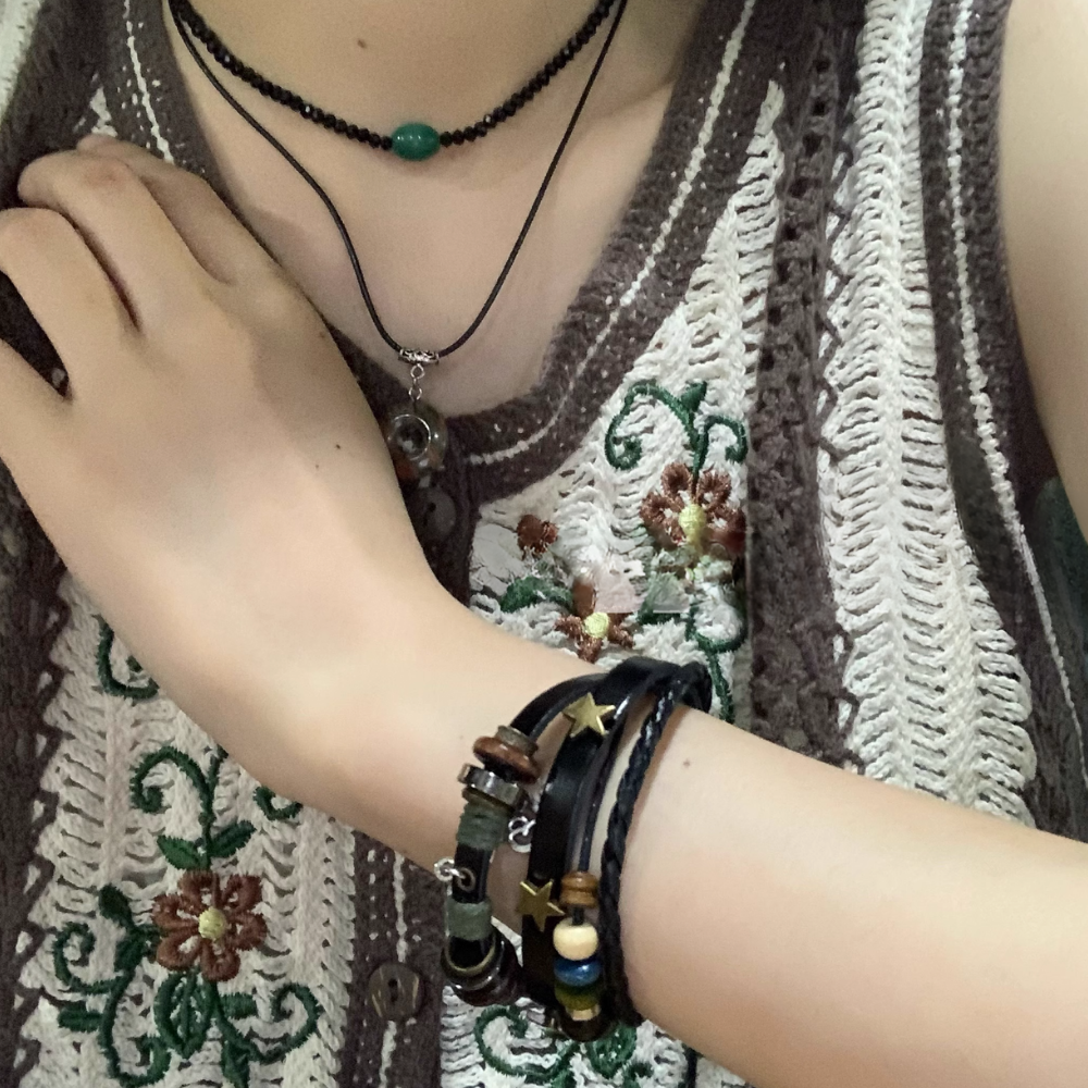 Star Beaded Alloy Leather Bracelet