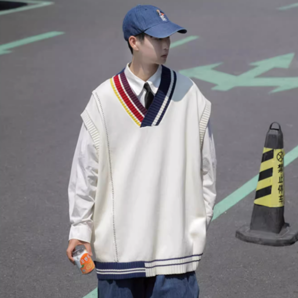 Retro Contrasting V-Neck Knitted Vest