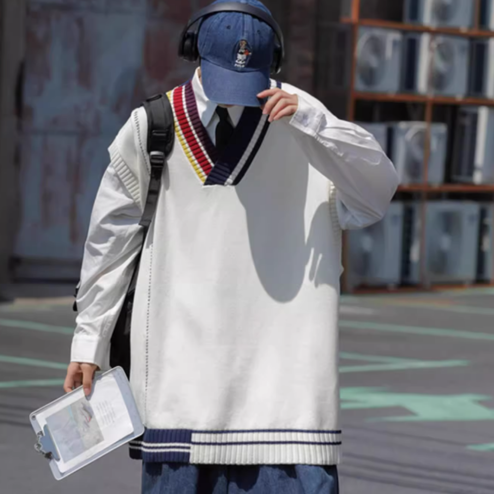 Retro Contrasting V-Neck Knitted Vest