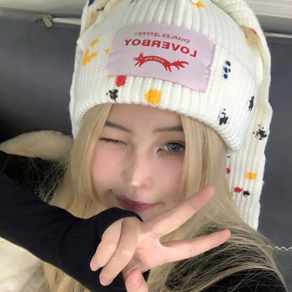 Upgraded Graffiti Wool Hat Rabbit Ears Knitted Hat