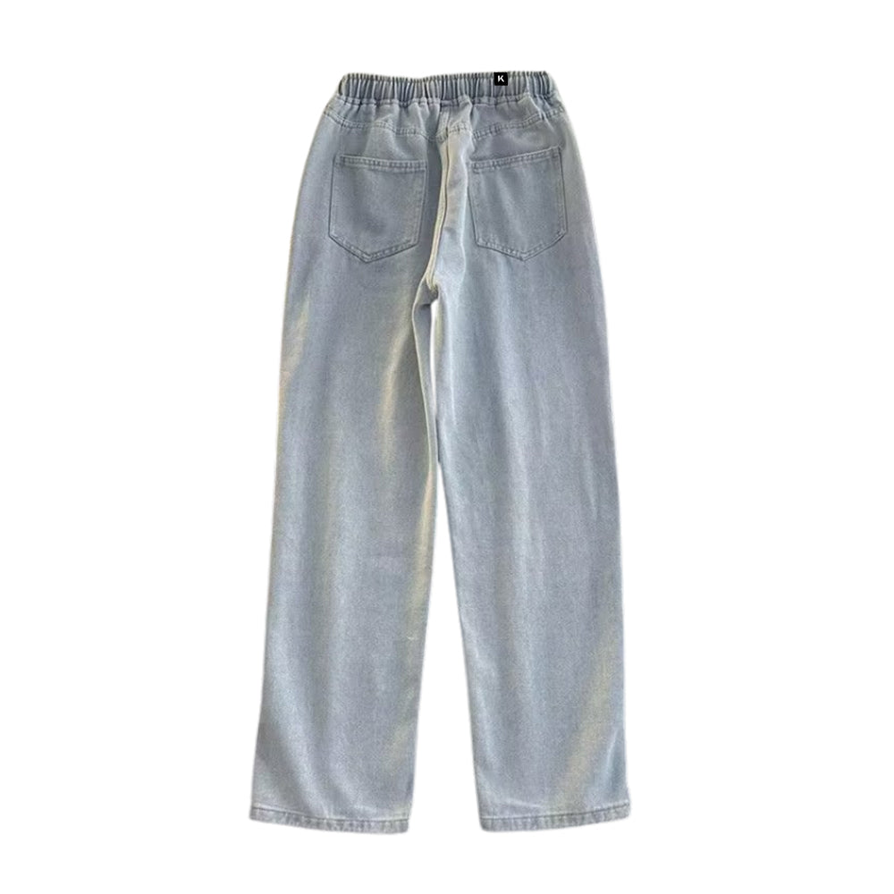 Street Solid Drawstring Washed Jeans