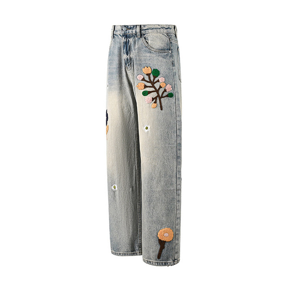Design Flower Flocked Distressed Jeans