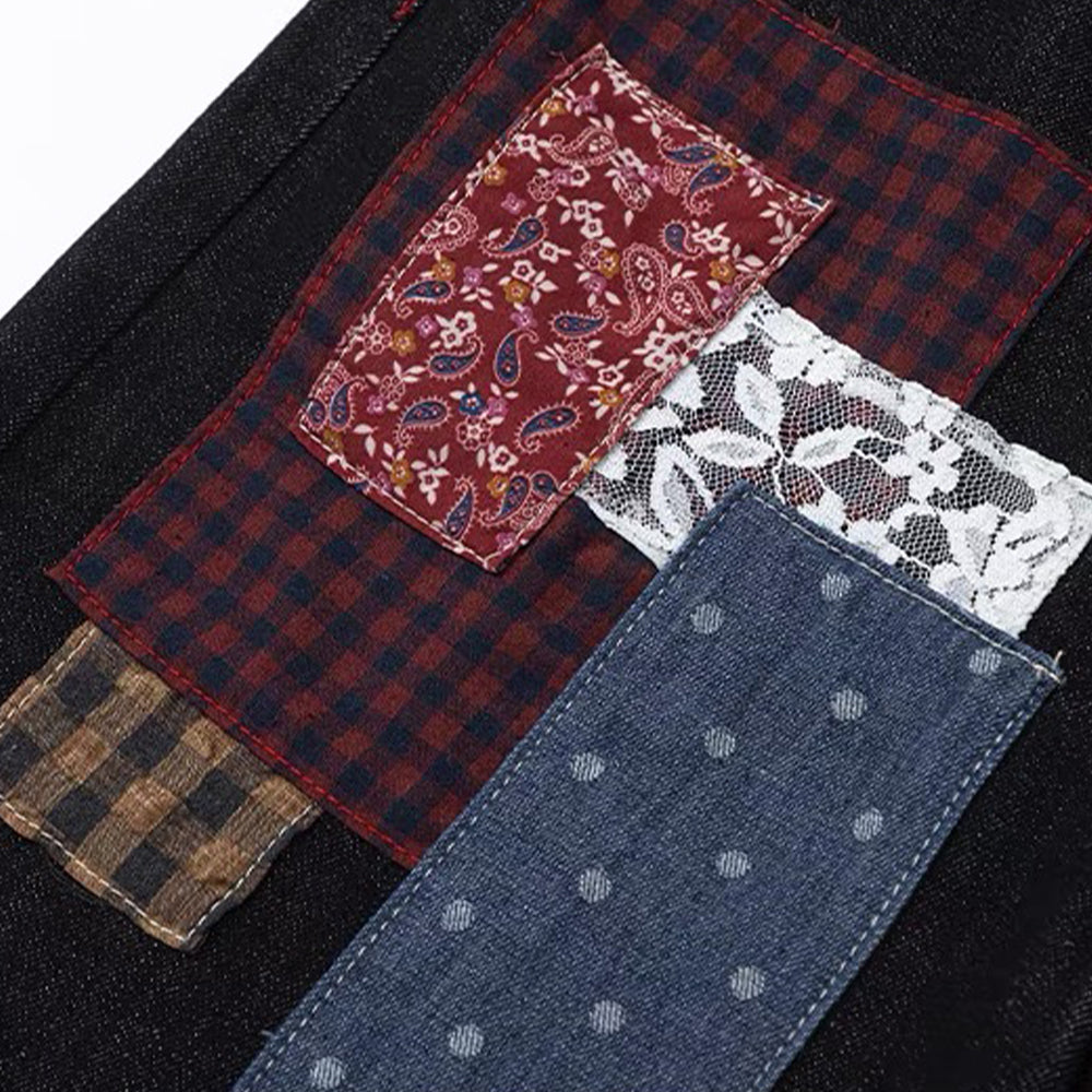 Plaid Patchwork Design Retro Jeans