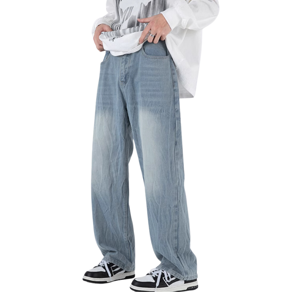 Street-Worn Washed Straight-Leg Jeans