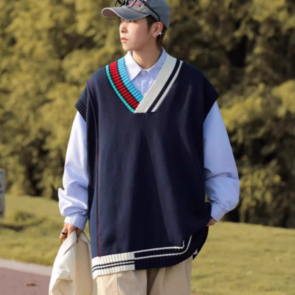 Retro Contrasting V-Neck Knitted Vest