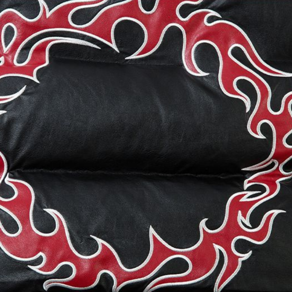 Circle Flame Embroidery PU Leather Coat