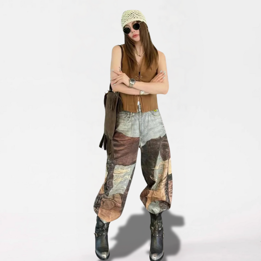 DF |Digital Print Distressed Braided Rope Jeans