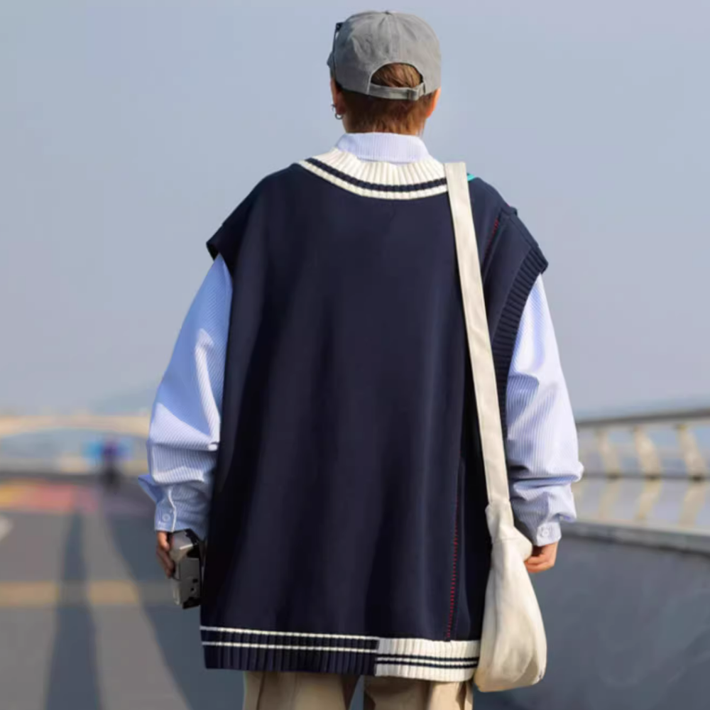 Retro Contrasting V-Neck Knitted Vest