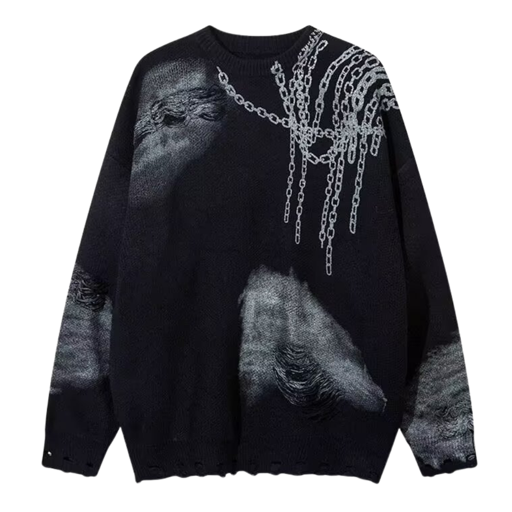 Distressed Digital Chain Print Sweater