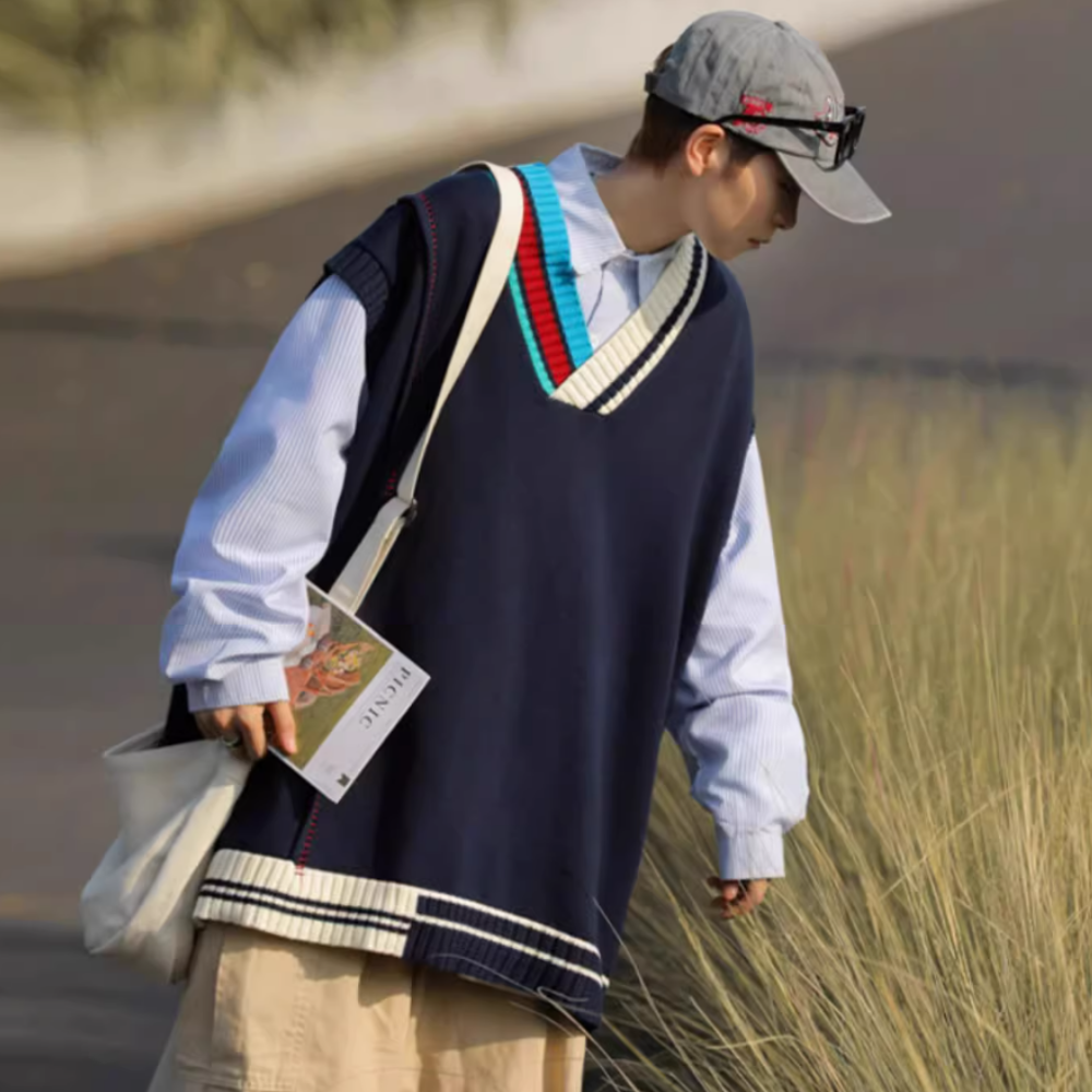 Retro Contrasting V-Neck Knitted Vest