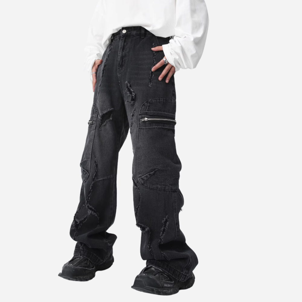 CE | Irregular Hole Solid Color Jeans