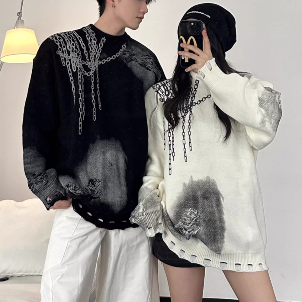 Distressed Digital Chain Print Sweater