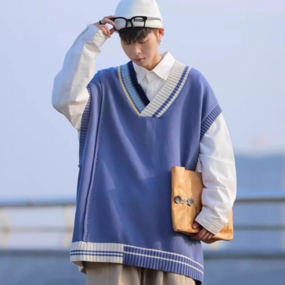 Retro Contrasting V-Neck Knitted Vest