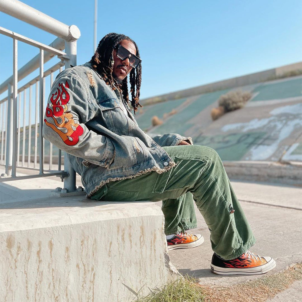 American Flame Embroidery Denim Jacket