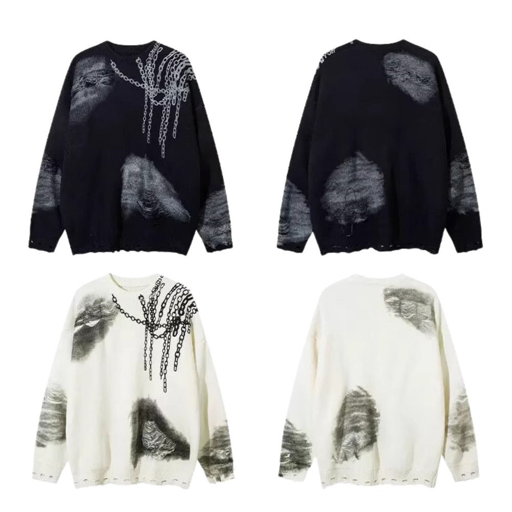 Distressed Digital Chain Print Sweater