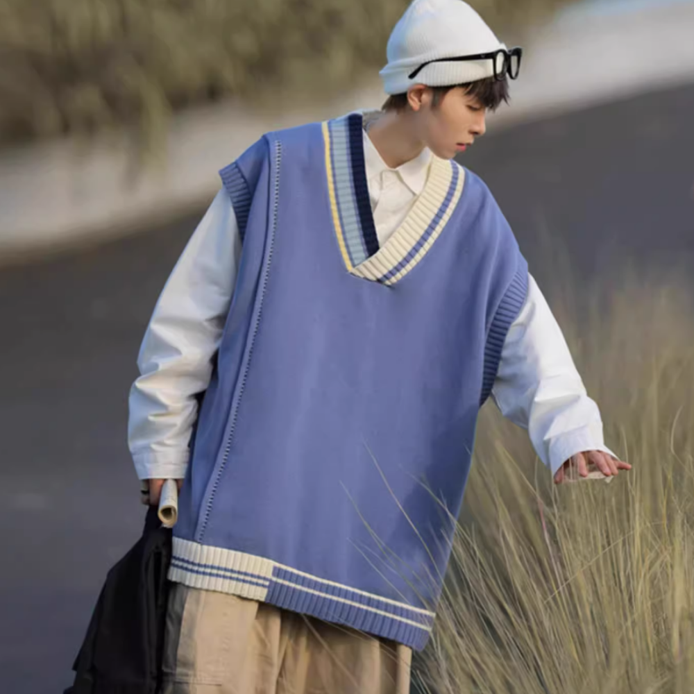 Retro Contrasting V-Neck Knitted Vest