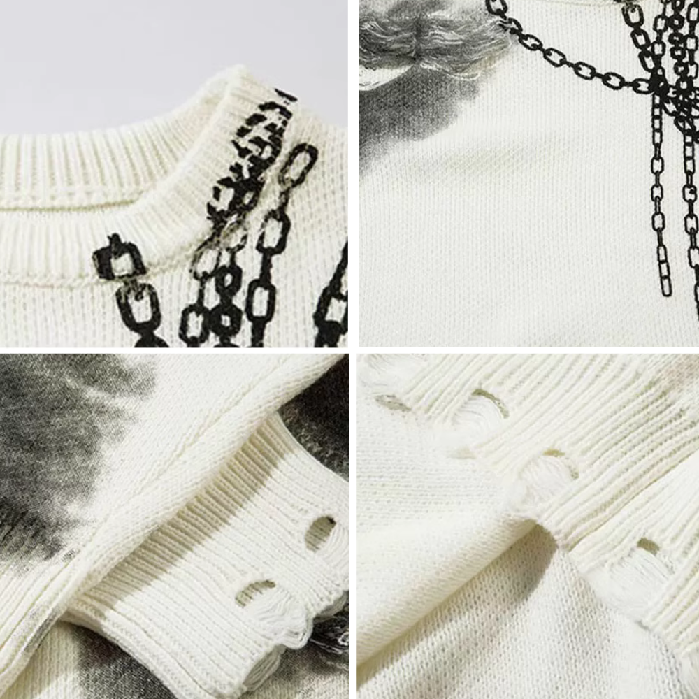 Distressed Digital Chain Print Sweater
