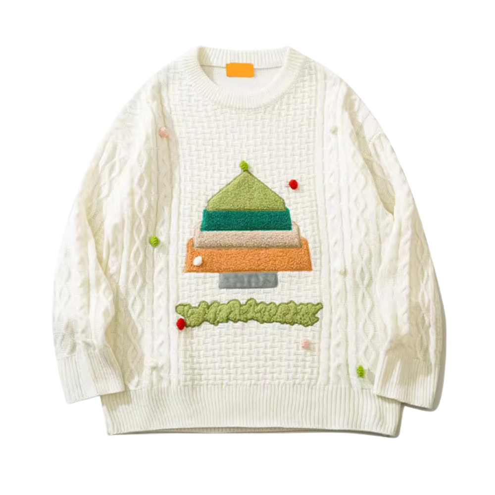 Hip Hop Cartoon Flocked Christmas Tree Sweater