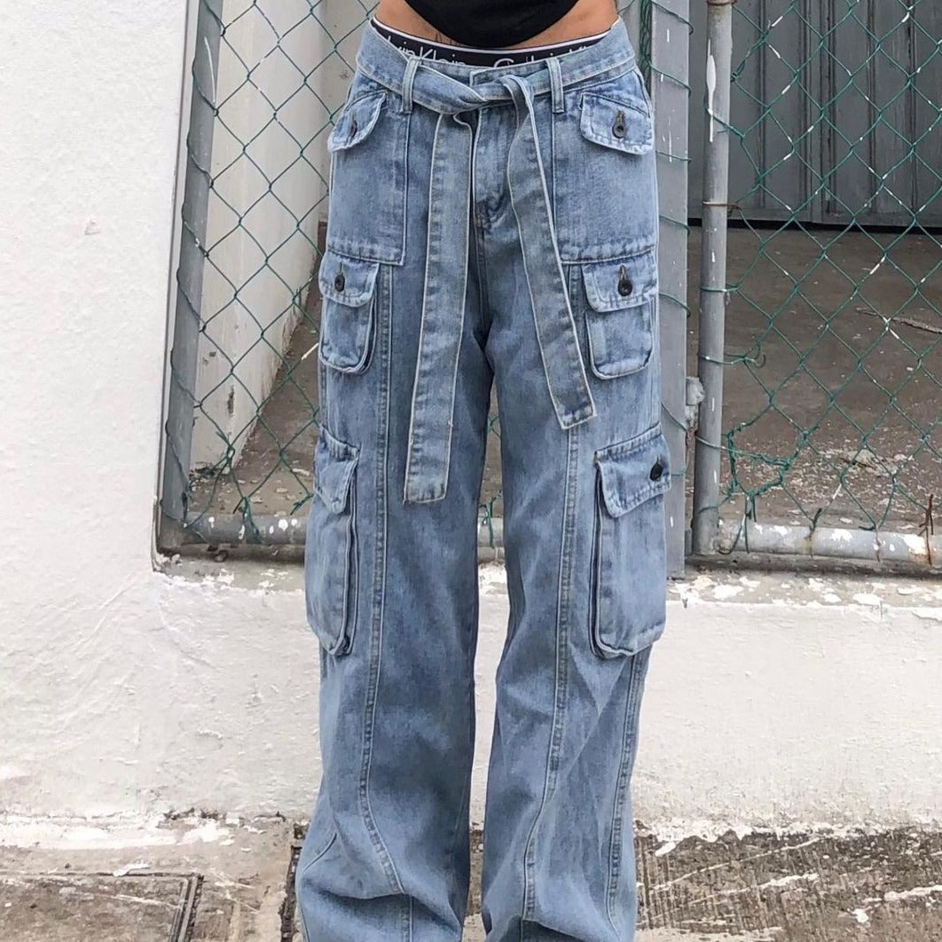 Street Multi Pocket Solid Cargo Jeans