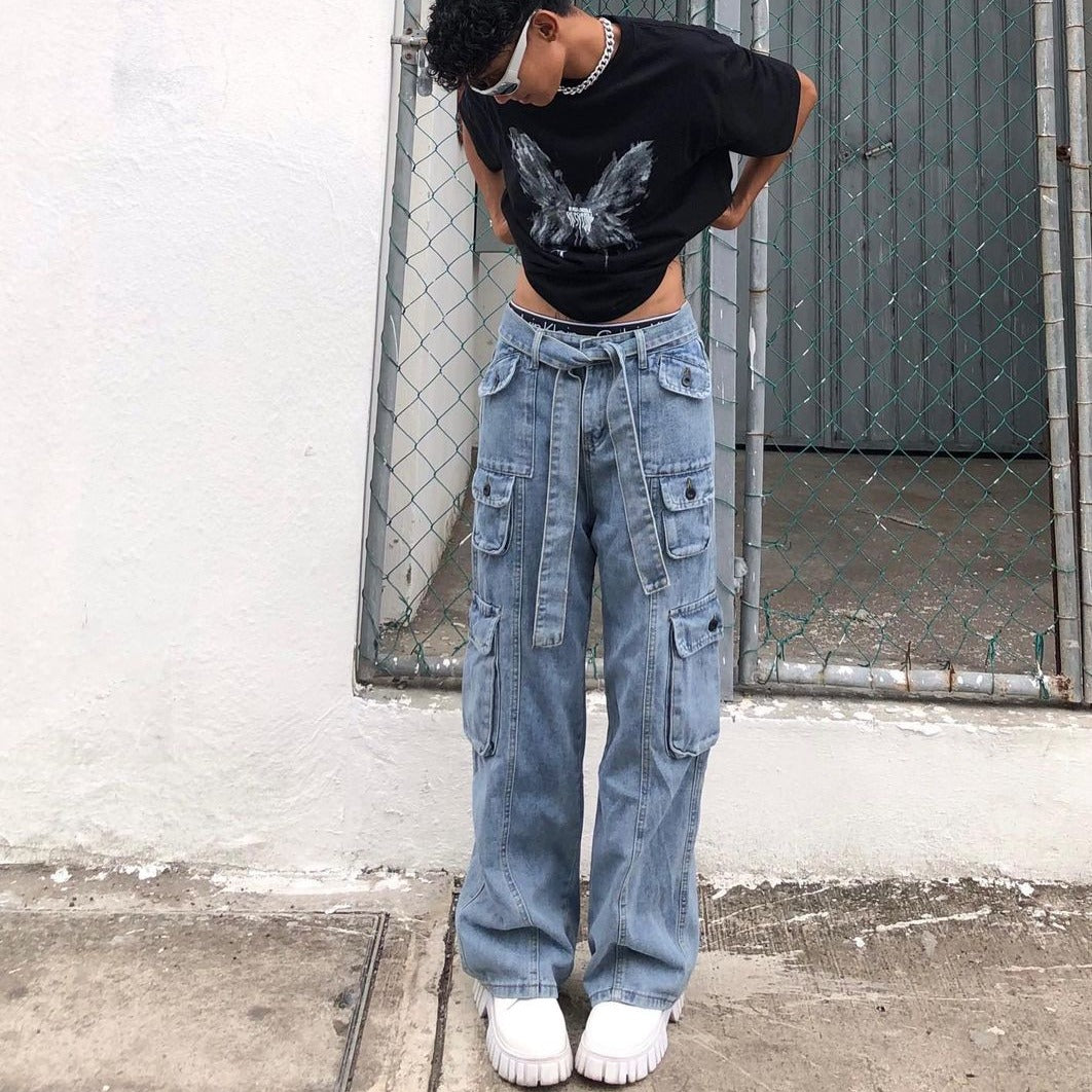 Street Multi Pocket Solid Cargo Jeans