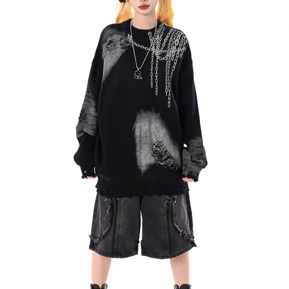 Distressed Digital Chain Print Sweater