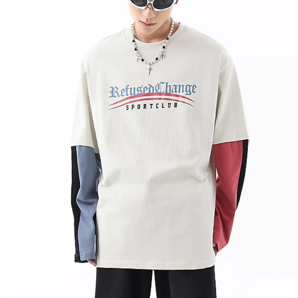 American Contrast Color Fake Two-Piece Sweatshirt