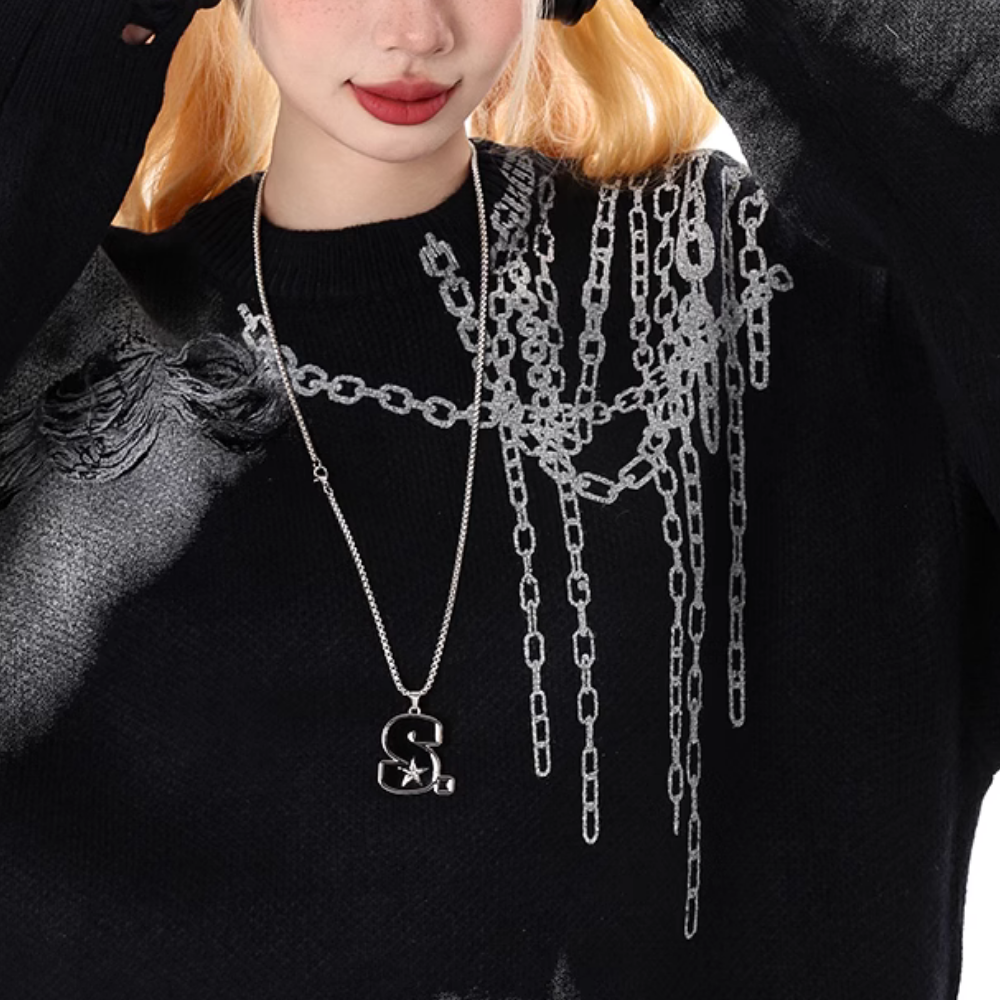 Distressed Digital Chain Print Sweater