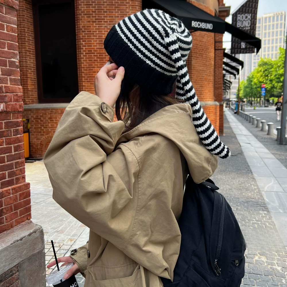 Street Black and White Striped Long Ear Knitted Hat