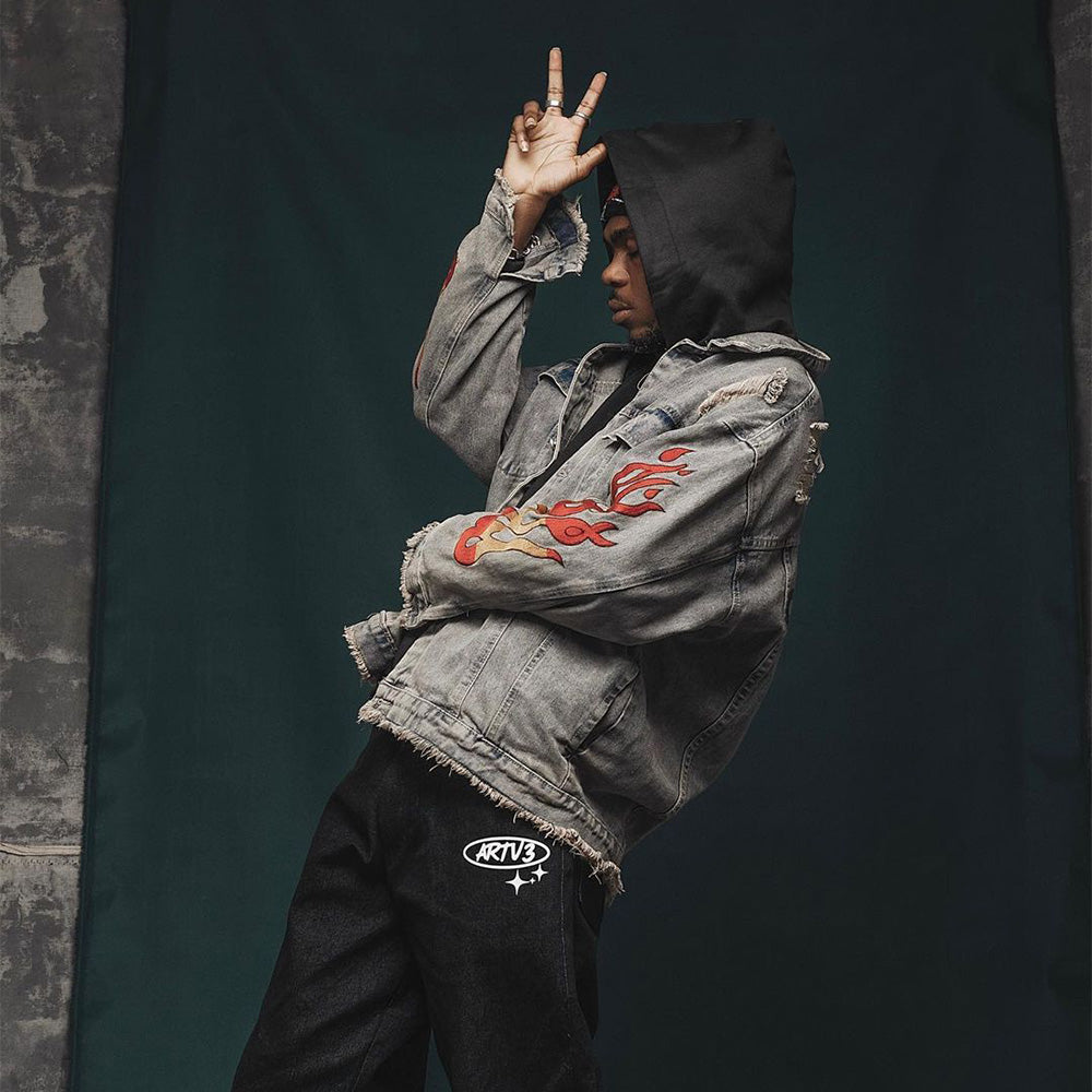 American Flame Embroidery Denim Jacket