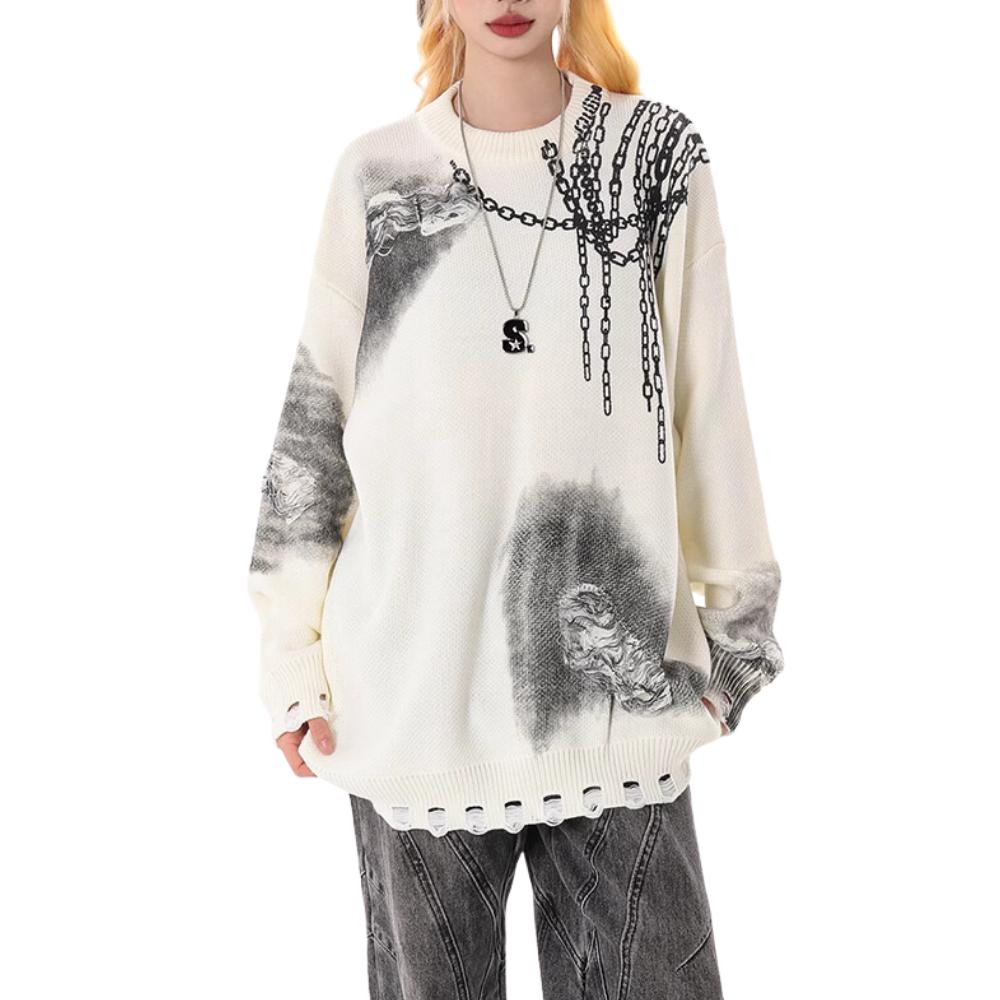 Distressed Digital Chain Print Sweater