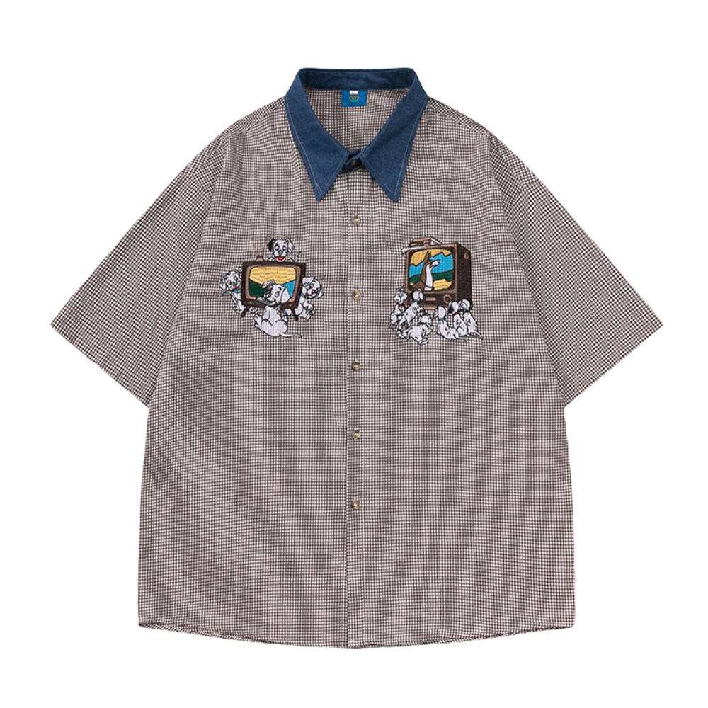 Retro Denim Collar Embroidered Shirt