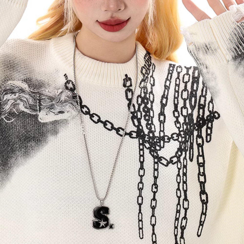 Distressed Digital Chain Print Sweater