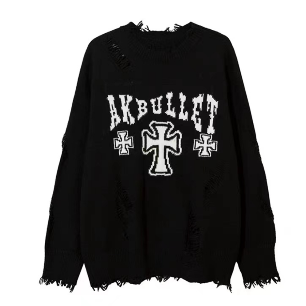 Ripped Cross Lettering Knit Sweater